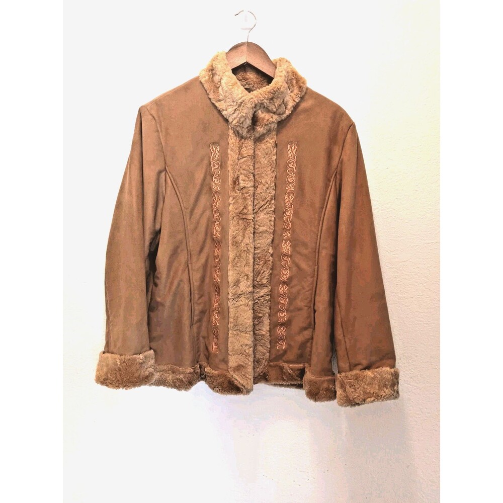 Dennis Basso Faux Suede Faux Fur Jacket Brown Embroidered Coat Women's Large